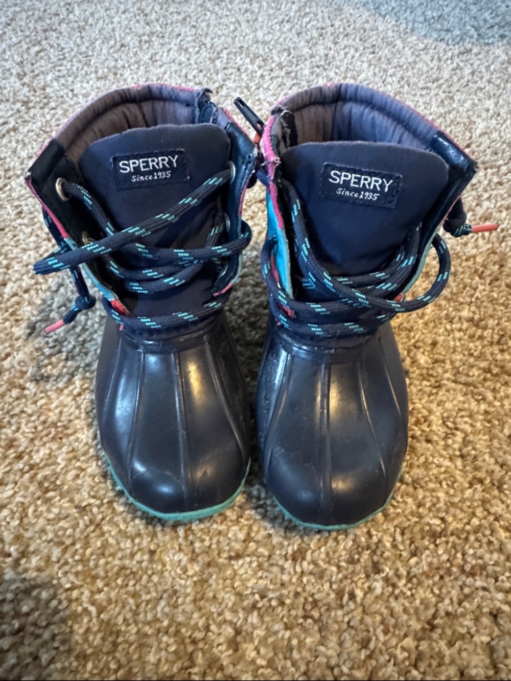 Sperry Kids Navy Duck Boots with Teal Trim and Pink Details